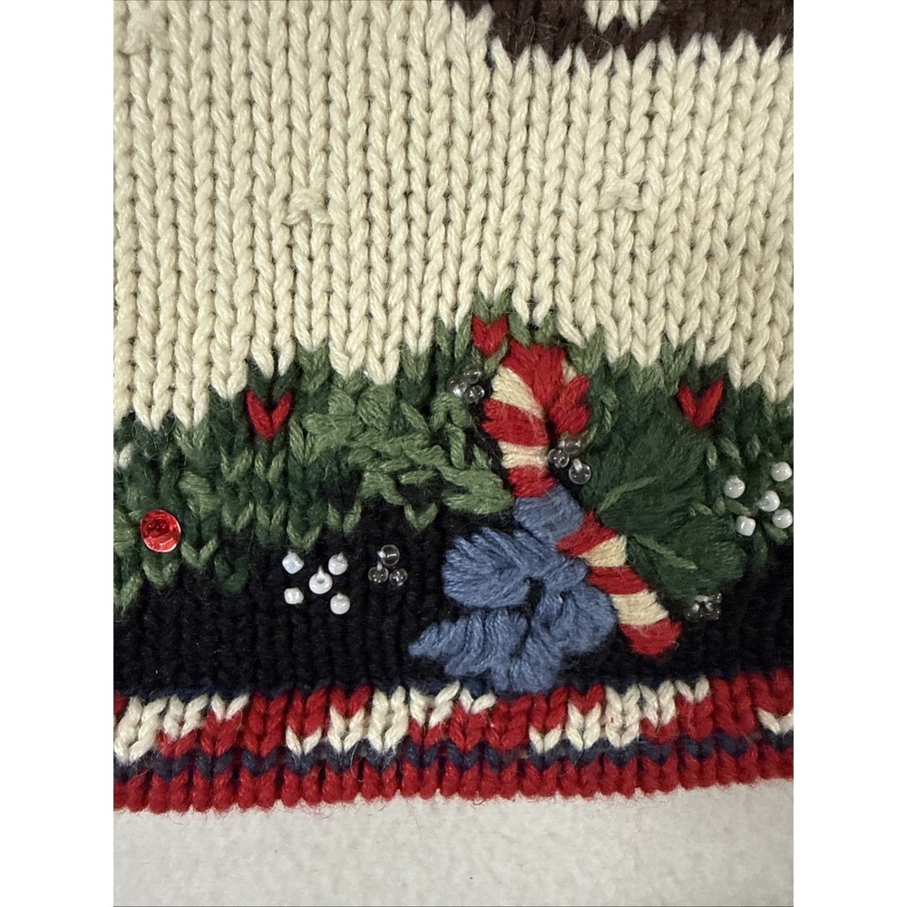 Vtg 90's Christmas Sweater Women's PMed 3D Patriotic Bear Skiing American Beaded - Picture 6 of 16